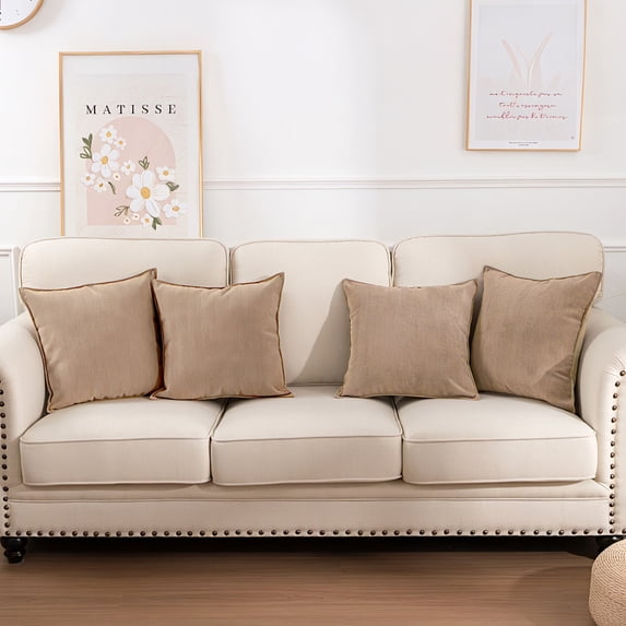 Throw Pillows for Couch Set of 4, Yamaziot 18" x 18" Decorative Pillow Accent Cushion for Sofa Bed Living Room, Solid Light Brown Chenille