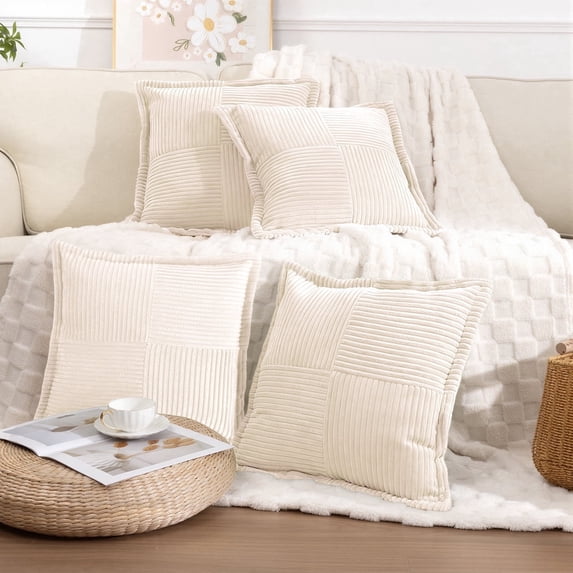 Corduroy Throw Pillows, Yamaziot 18"x18" Decorative Pillow Cushion with Pillow Insert for Sofa, Bed, Living Room, Cream White, 4 Pack