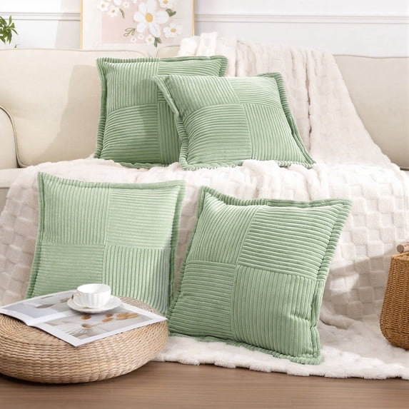 Corduroy Throw Pillows, Yamaziot 18"x18" Decorative Pillow Cushion with Pillow Insert for Sofa, Bed, Living Room, Green, 4 Pack