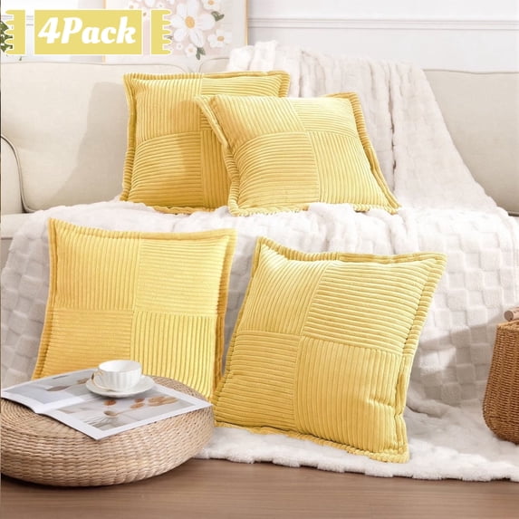 Corduroy Throw Pillows, Yamaziot 18"x18" Decorative Pillow Cushion with Pillow Insert for Sofa, Bed, Living Room, Yellow, 4 Pack