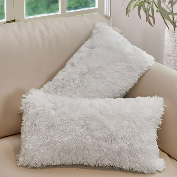 Throw Pillows for Couch and Bed, Soft Shaggy Throw Pillows with Inserts Included, Cozy Long Hair Faux Fur Pillows - Set of 2-12" x 20" - Blue Ombre