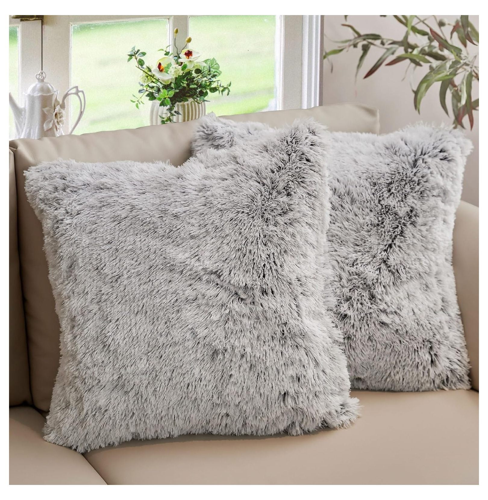 Gray Ombre Faux Fur Square Throw Pillow Set