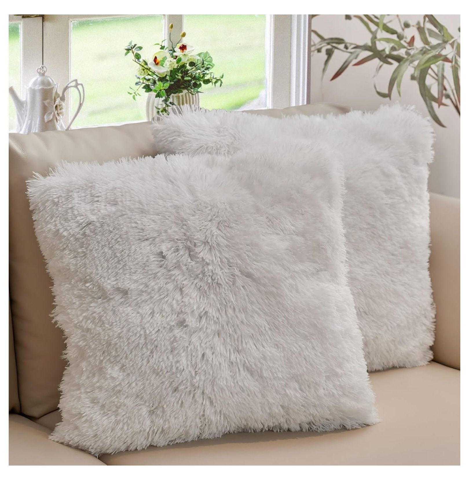 Throw Pillows for Couch with Inserts Included Soft Shaggy Long Hair Faux Fur Pillows Set of 2 20 x 20 White Walmart