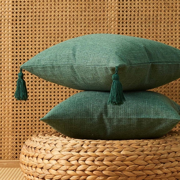 Throw Pillow Covers, 2025 New Japanese Cotton and Linen Pillowcase Home Cushion Plain Pillowcase Tassel Cushion Cover, Valentines Day Decor(Green, 17.7x 17.7in)