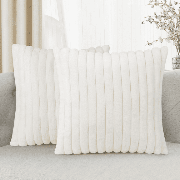 Throw Pillow Covers, Faux Fur Plush Pillow Covers 18x18 Set of 2, Luxury Soft Fluffy Striped Decorative Pillow Covers for Sofa, Couch, Living Room, Cream White