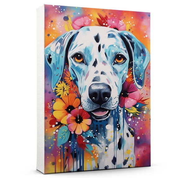 Thuan Dalmatian Dog Flower Art Print Canvas, Wall art Painting Decor, Puppy Pop Art Home Decor Artwork For Bedroom Living Room Bathroom Decor, Puppies Colorful Photo