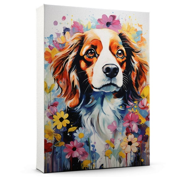 Thuan Nederlandse Kooikerhondje Dog Flower Art Print Canvas, Wall art Painting Decor, Puppy Pop Art Home Decor Artwork For Bedroom Living Room Bathroom Decor, Puppies Colorful Photo