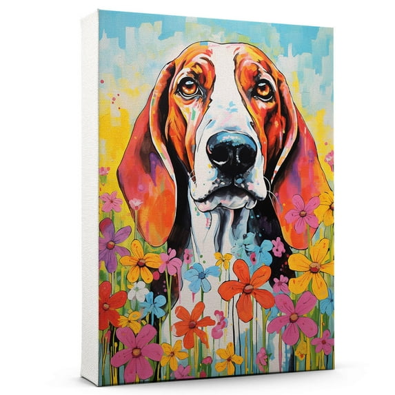 Thuan Treeing Walker Coonhound Dog Flower Art Print Canvas, Wall art Painting Decor, Puppy Pop Art Home Decor Artwork For Bedroom Living Room Bathroom Decor, Puppies Colorful Photo