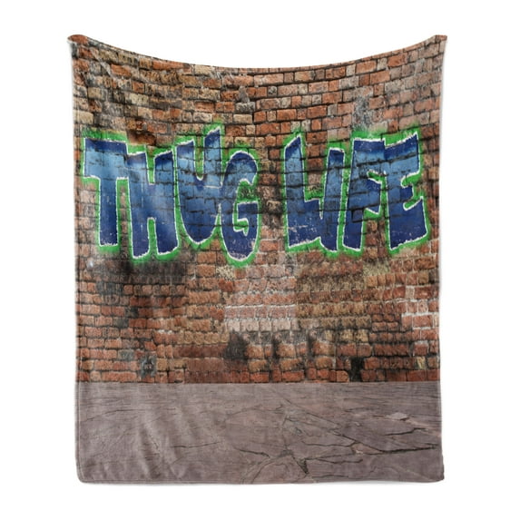 Thug Life Soft Flannel Fleece Blanket, Graffiti Style Words on a Brick Wall Street Urban Art Hip Hop Rap Culture Theme, Cozy Plush for Indoor and Outdoor Use, 50" x 60", Multicolor, by Ambesonne