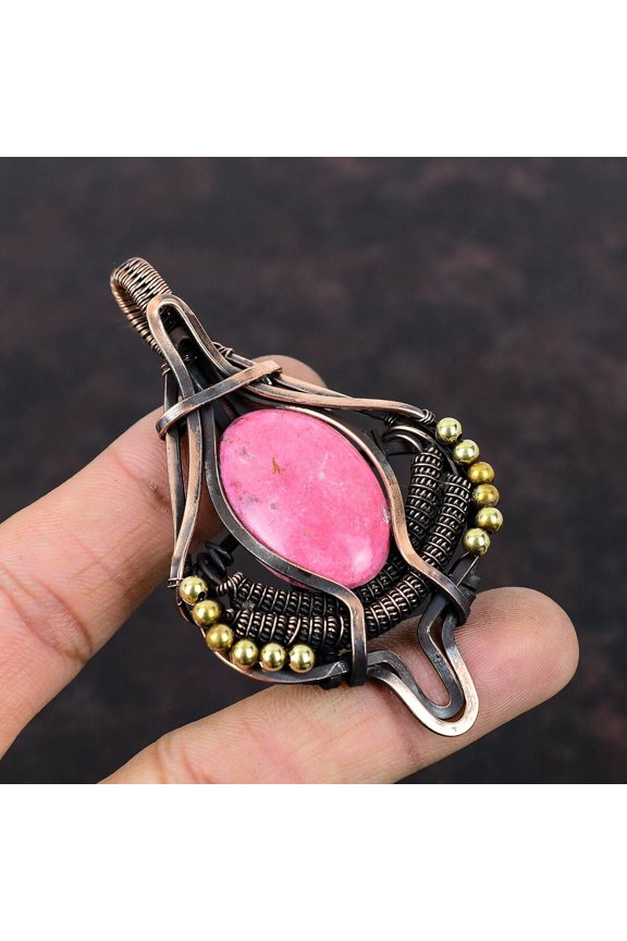 Thulite Gemstone Handmade Jewelry Copper Wire Wrapped Pendant For Girls 3.31"