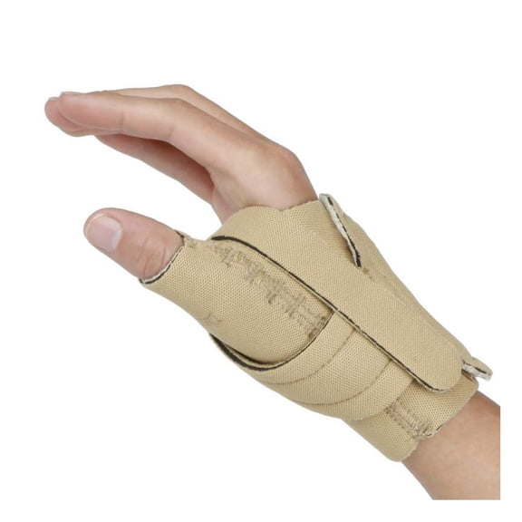 Thumb Restriction Splint. Beige Patented Thumb Brace Provides Support/Compression. Indications - , Tendinitis, Dislocations, Sprains, Repetitive Use. Left Small Plus