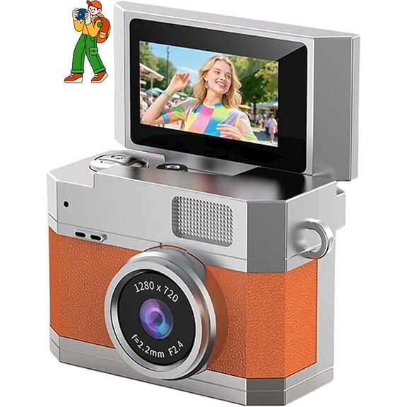 Thumb-Sized Flip Screen Mini Camera - Digital Retro CCD High-Definition Portable Small Camera, 180° Flip Screen, Include 64GB TF Card, Card Reader, OTG for Beginners (Orange)