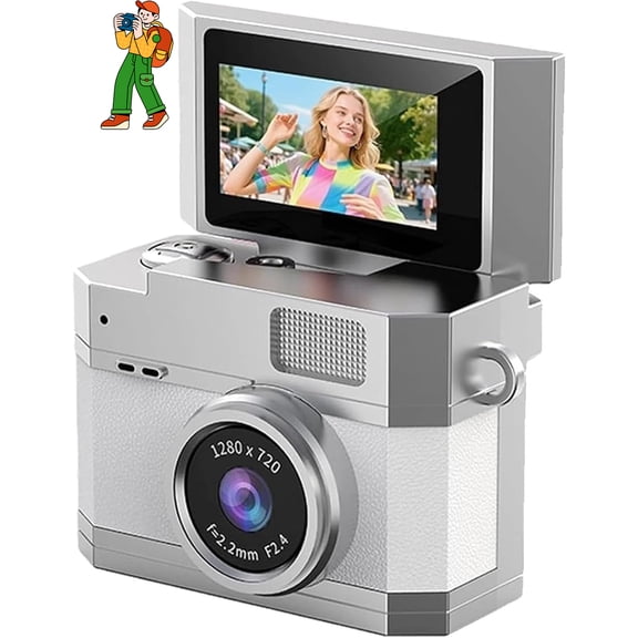 Thumb-Sized Flip Screen Mini Camera - Digital Retro CCD High-Definition Portable Small Camera, 180° Flip Screen, Include 64GB TF Card, Card Reader, OTG for Beginners (White)