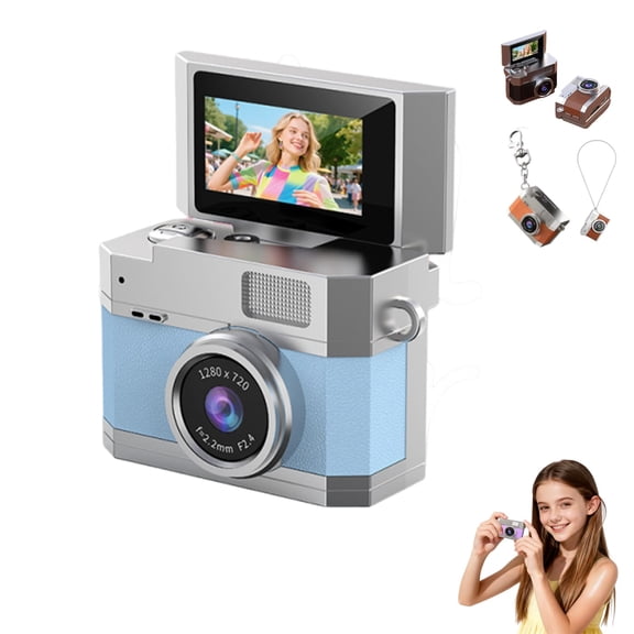 Thumb-Sized Flip Screen Mini Camera - Digital Retro Ccd High-Definition Portable Small Camera for Students and Campuses,Vintage Tiny Pocket Camcorder Keychain,Gift for Friend(Blue,Wth 64GB Card)