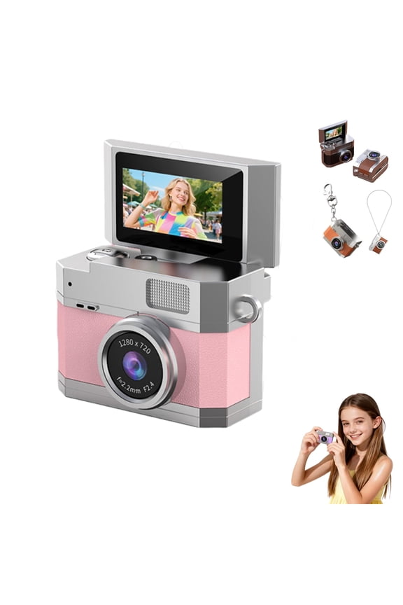 Thumb-Sized Flip Screen Mini Camera - Digital Retro Ccd High-Definition Portable Small Camera for Students and Campuses,Vintage Tiny Pocket Camcorder Keychain,Gift for Friend(Pink,Wth 64GB Card)