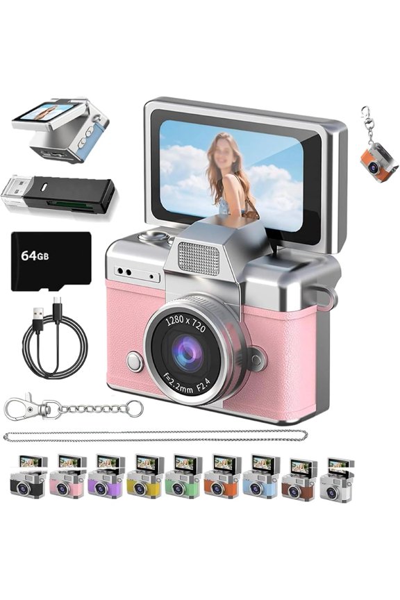 Thumb-Sized Flip Screen Mini Camera, New Mini Digital Camera, Flip Screen Mini Camera with Built-in Flash & Flip Display, 64GB Memory, Portable Keychain Camera for Travel & Daily Use