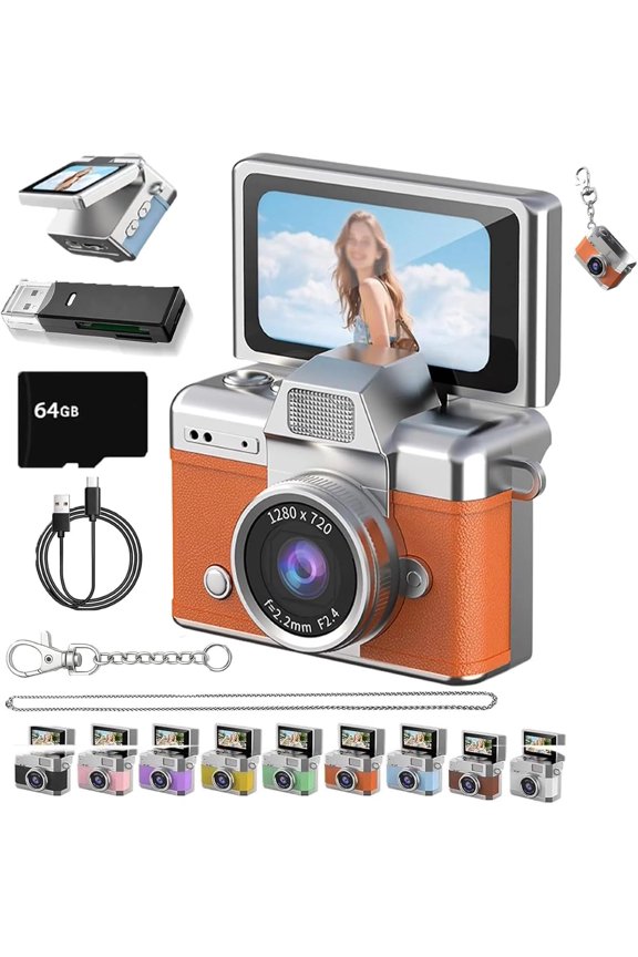 Thumb-Sized Flip Screen Mini Camera, New Mini Digital Camera, Flip Screen Mini Camera with Built-in Flash & Flip Display, 64GB Memory, Portable Keychain Camera for Travel & Daily Use