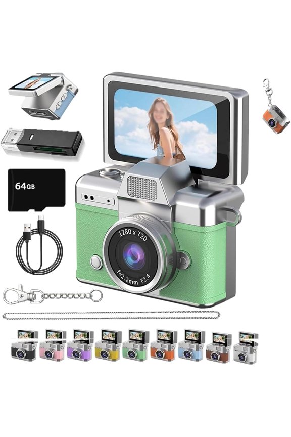Thumb-Sized Flip Screen Mini Camera, New Mini Digital Camera, Flip Screen Mini Camera with Built-in Flash & Flip Display, 64GB Memory, Portable Keychain Camera for Travel & Daily Use