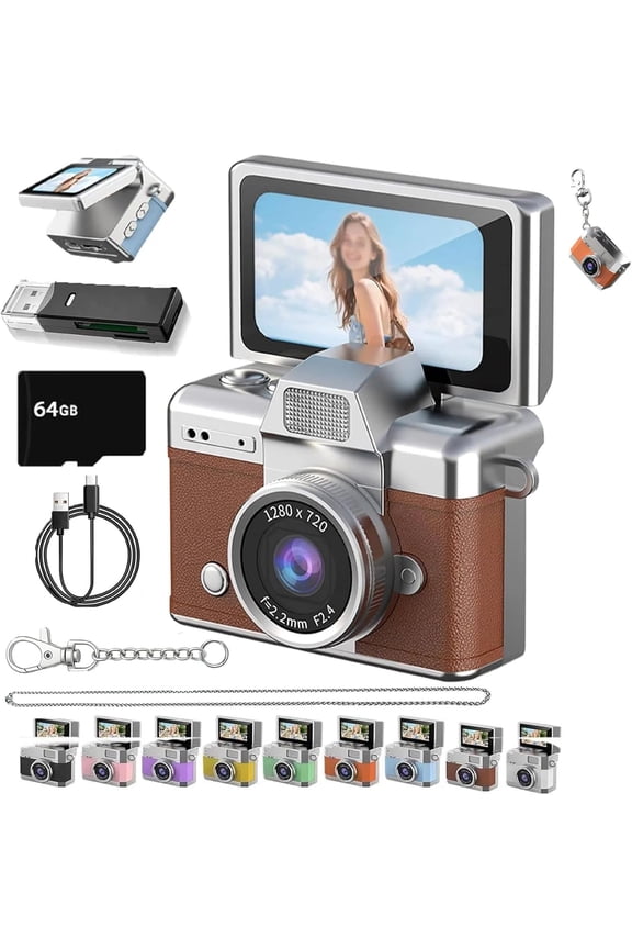 Thumb-Sized Flip Screen Mini Camera, New Mini Digital Camera, Flip Screen Mini Camera with Built-in Flash & Flip Display, 64GB Memory, Portable Keychain Camera for Travel & Daily Use