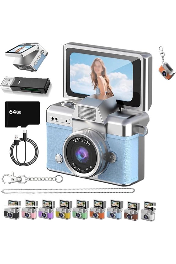Thumb-Sized Flip Screen Mini Camera, New Mini Digital Camera, Flip Screen Mini Camera with Built-in Flash & Flip Display, 64GB Memory, Portable Keychain Camera for Travel & Daily Use