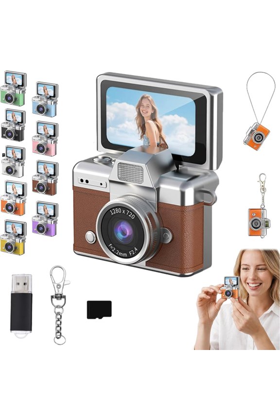 Thumb-Sized Flip Screen Mini Camera, Thumb-Sized Flip Screen Mini Camera, Keychain Portable Retro Digital Camera with Flash & 64GB Card for Travel Daily Vlog Outdoor Recording