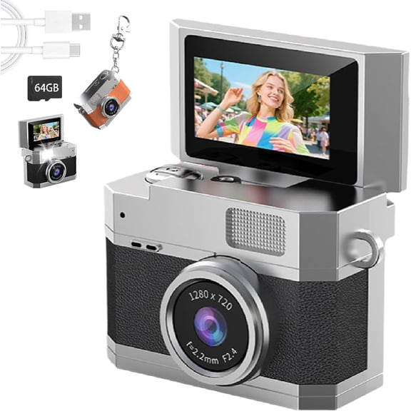 Thumb-Sized Flip Screen Mini Digital Camera, Retro CCD Sensor, 180° Rotating Screen, 64GB TF Card & OTG Adapter, Compact Digital Camera for Students & Campus Life