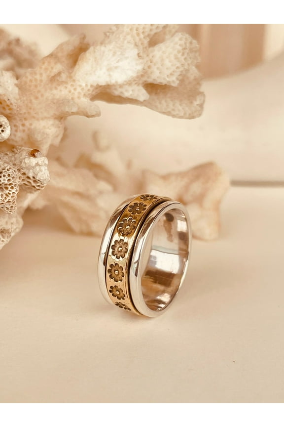 Thumb Spinner Ring for Women – Sterling Silver 925 Fidget Ring, Anxiety Relief Meditation Band, Handmade Gold & Silver Spinning Ring, Stress-Relief Thumb Ring