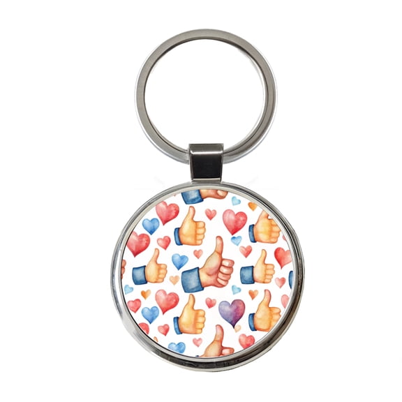 Thumbs Up Hearts Watercolor Metal Round Keychain