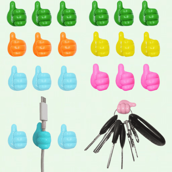 Thumbs Up Wall Hooks, 24 Pack Adhesive Cable Clips for Desk Cable Management, Multicolor Mixed