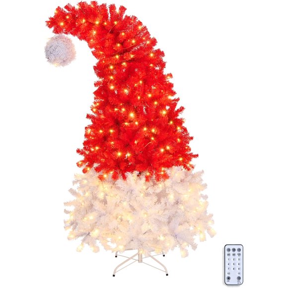 Thunder 6ft Pre-lit Christmas Tree Bendable Santa Hat, 300 Warm White LED Lights, Artificial Xmas Tree for Holiday, Party and Home Decoration (Red & White)