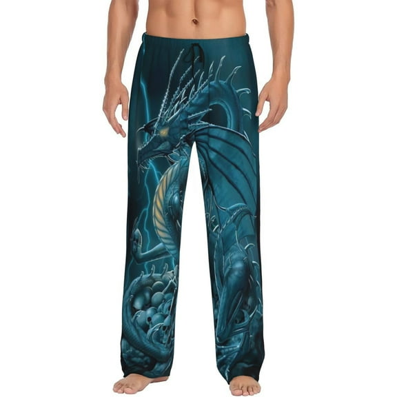 Thunder Dragon Blue Lightning Skulls Men's Pajama Pants Soft Breathable Sleep Lounge Pants With Pockets, Elastic Waist Pjs Bottoms For Nightwear & Home X-Large