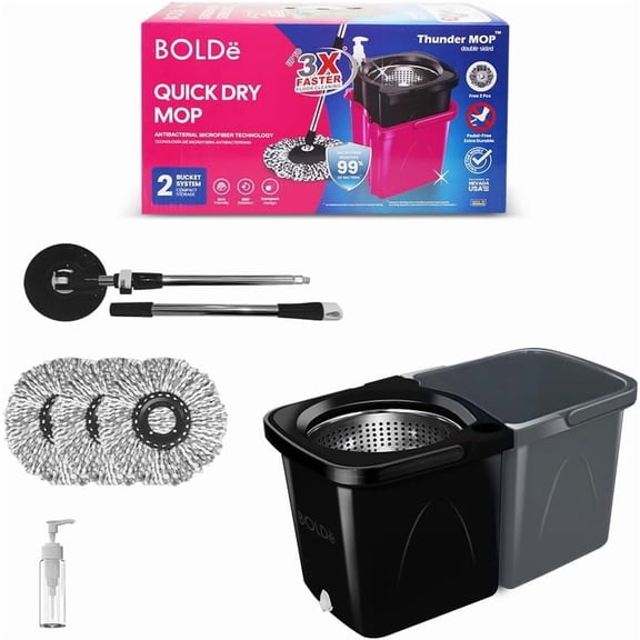 Thunder Mop Spin System - Double-Sided 2 Compact Stackable 6L Buckets, Microfiber Head, Stainless Steel Wringer, Antifungal Quick-Dry Cleaning, Soap Dispenser, 3 Free Refills (Black/Grey)