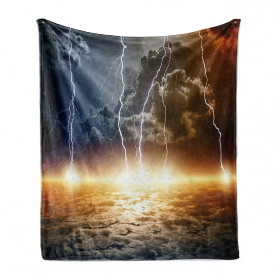 Thunder Soft Flannel Fleece Throw Blanket, Weather Themed Composition with Clouds with Bolts Pastoral Arrangement Print, Cozy Plush for Indoor and Outdoor Use, 70" x 90", Multicolor, by Ambesonne