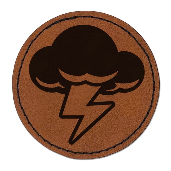 Thunder Storm Cloud Weather Lighting Bolt Round Iron-On Engraved Faux Leather Patch Applique - 2.5 Inch - Brown