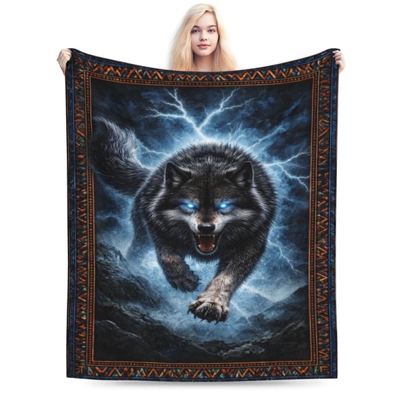Thunder Wolf Spirit Blanket Lightning Storm Wolf Mystic Dark Wildlife Soft Cozy Throw Blanket for Couch Bed Halloween Gift 50x40