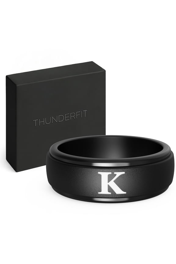 Black Silicone Initial Ring for Him - Personalized One Letter Wedding Rubber Band - Comfortable Fit - Unique Anniversary, Birthday Gifts for Men with Gift Box
