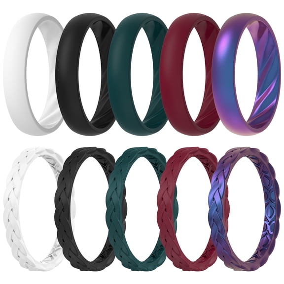 ThunderFit Silicone Rings for Her - Mix Women's Silicone Wedding Rings, 1.8mm Thick Rubber Engagement Rings Braided & 4mm Classic Rings Combo