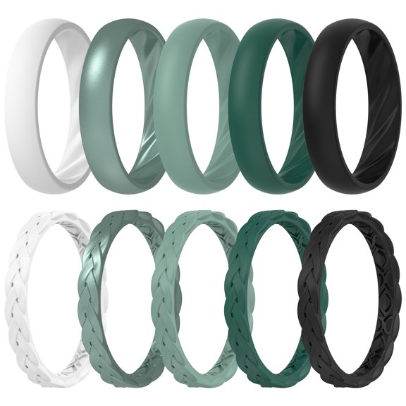 ThunderFit Silicone Rings for Her - Mix Women's Silicone Wedding Rings, 1.8mm Thick Rubber Engagement Rings Braided & 4mm Classic Rings Combo