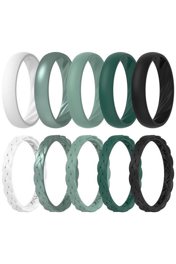 Silicone Rings for Her - Mix Women's Silicone Wedding Rings, 1.8mm Thick Rubber Engagement Rings Braided & 4mm Classic Rings Combo