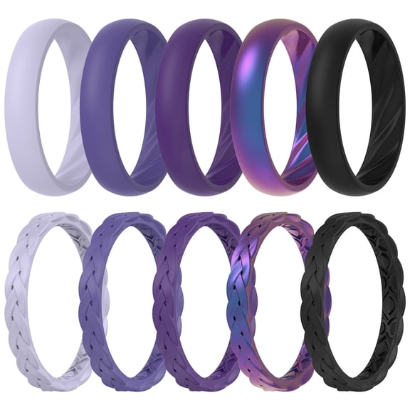 ThunderFit Silicone Rings for Her - Mix Women's Silicone Wedding Rings, 1.8mm Thick Rubber Engagement Rings Braided & 4mm Classic Rings Combo