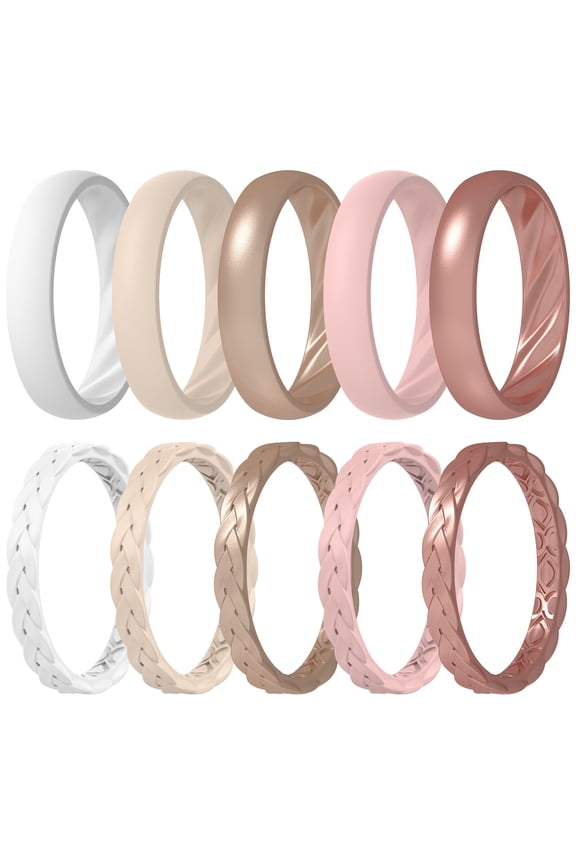 Silicone Rings for Her - Mix Women's Silicone Wedding Rings, 1.8mm Thick Rubber Engagement Rings Braided & 4mm Classic Rings Combo
