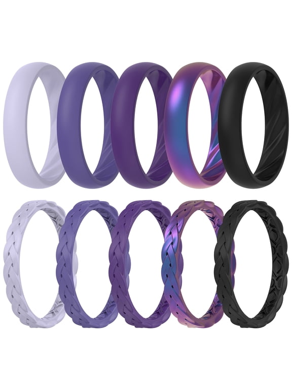 Silicone Rings for Her - Mix Women's Silicone Wedding Rings, 1.8mm Thick Rubber Engagement Rings Braided & 4mm Classic Rings Combo