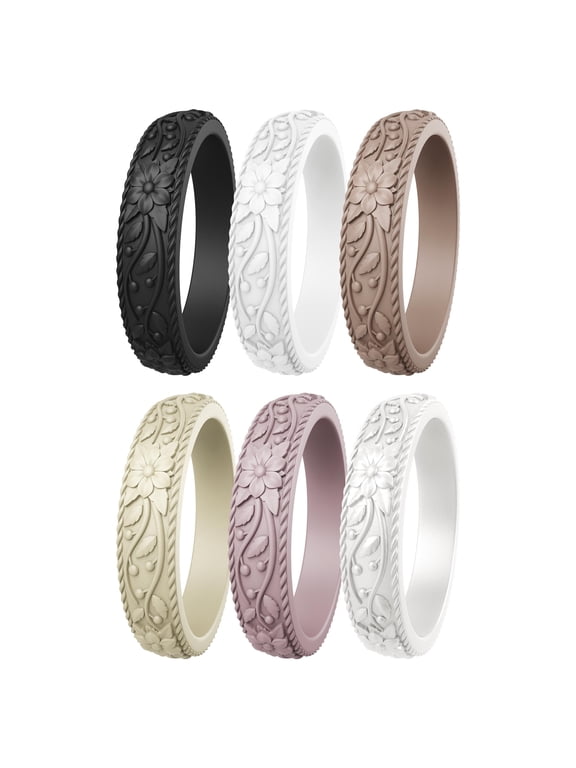 Silicone Rings for Women, Rubber Engagement Wedding Bands Vine Design 5.5mm Wide 2mm Thick - Variety Multipack 4-10