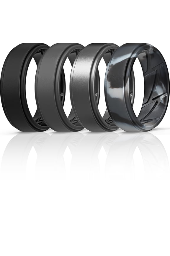 Silicone Wedding Rings for Men Breathable Airflow Inner Grooves, Step Edge Sleek Design Rubber Engagement Bands 8mm Wide 2mm Thick, Variety Multipack 1-7