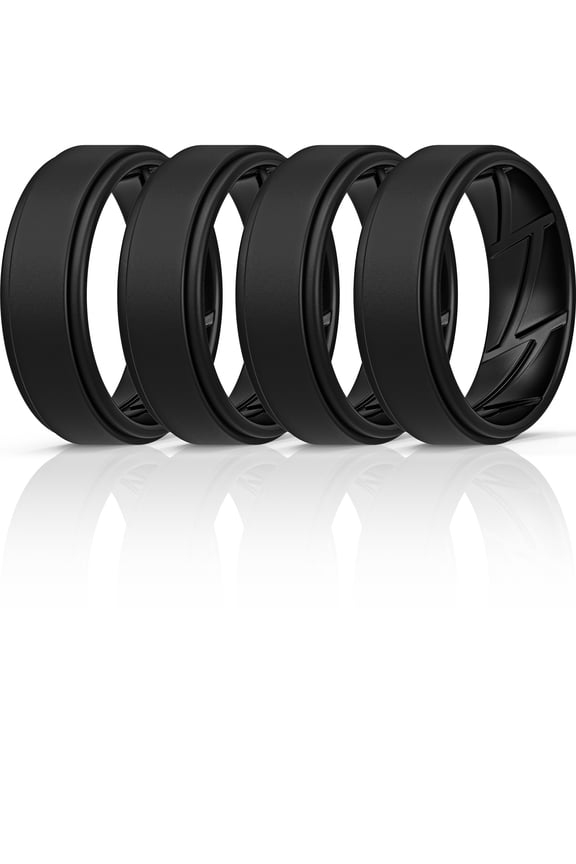 Silicone Wedding Rings for Men Breathable Airflow Inner Grooves, Step Edge Sleek Design Rubber Engagement Bands 8mm Wide 2mm Thick, Variety Multipack 1-7