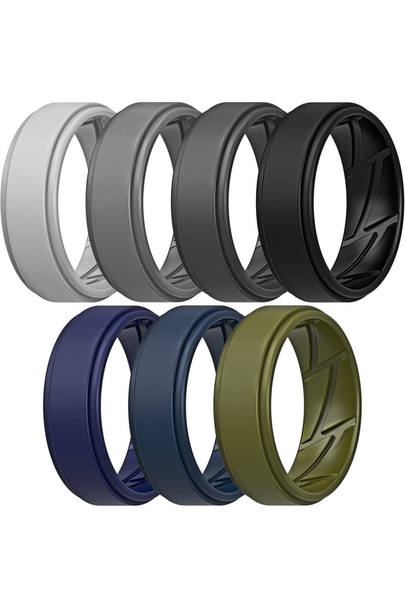 Silicone Wedding Rings for Men Breathable Airflow Inner Grooves, Step Edge Sleek Design Rubber Engagement Bands 8mm Wide 2mm Thick, Variety Multipack 1-7