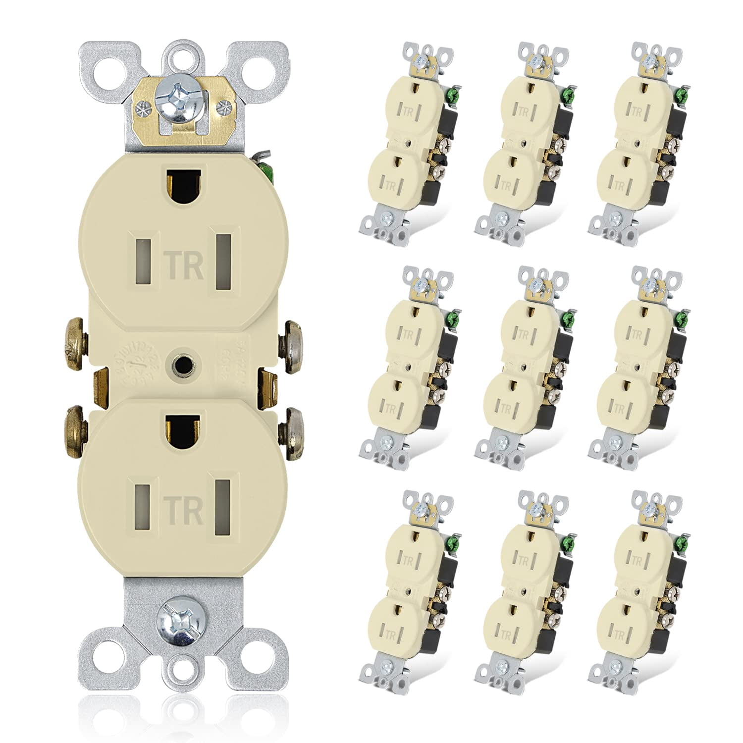 ThunderWay Duplex Receptacle Outlet, Tamper-Resistant, 15A 125V Electrical Wall Outlets, 2 Pole 3 Wire, Residential Grade, Self-Grounding, UL Listed, (10 Pack) (Ivory)
