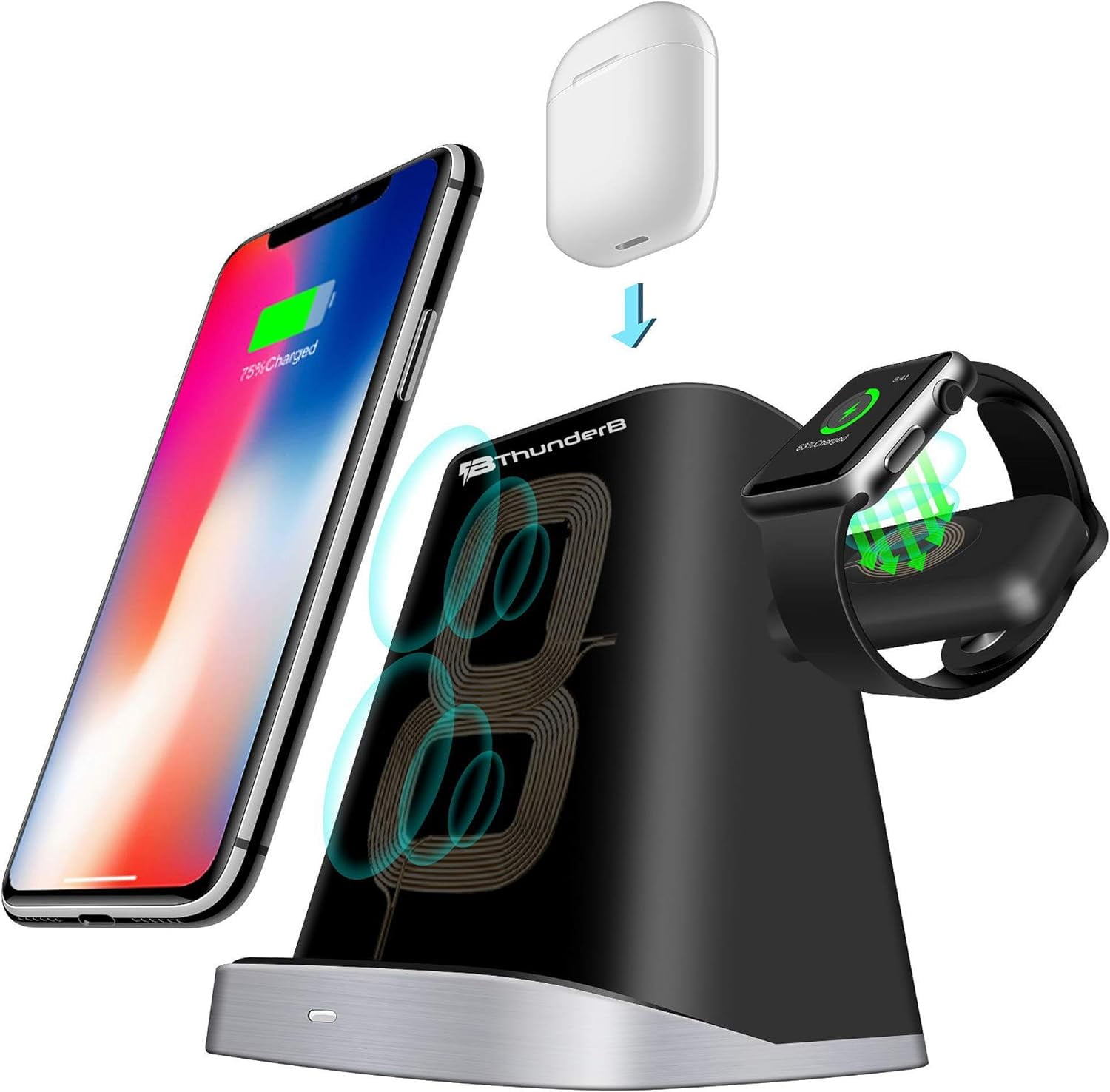 Thunderb 3 in 1 Wireless Charger Station for iPhone, Apple Watch, and Airpods 1 & 2 (Black)