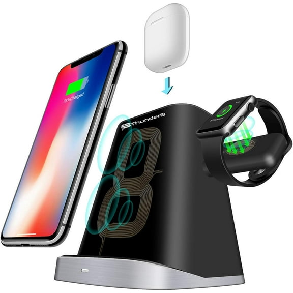 Thunderb 3 in 1 Wireless Charger Station for iPhone, Apple Watch, and Airpods 1 & 2 (Black)