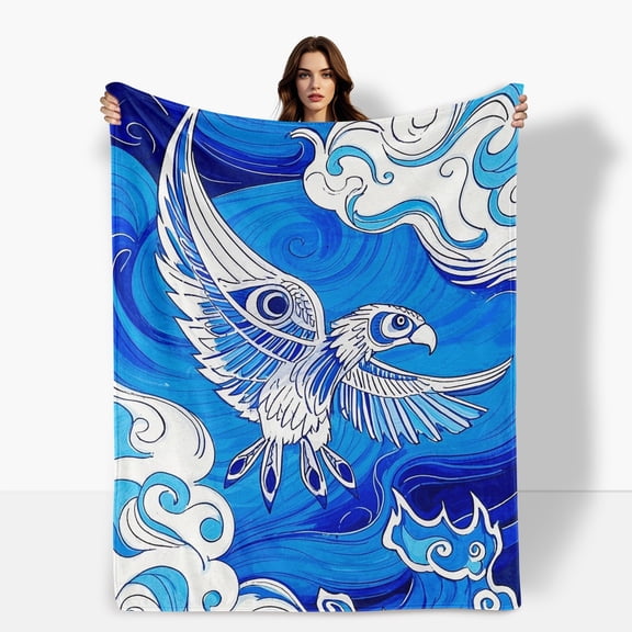 Thunderbird Blue White Wall Hanging Flannel Blanket Soft Warm Comfortable For Sofa Bed Travel Camping Living Room Office Chair Polyester Fiber Gift For Family Or Friends
